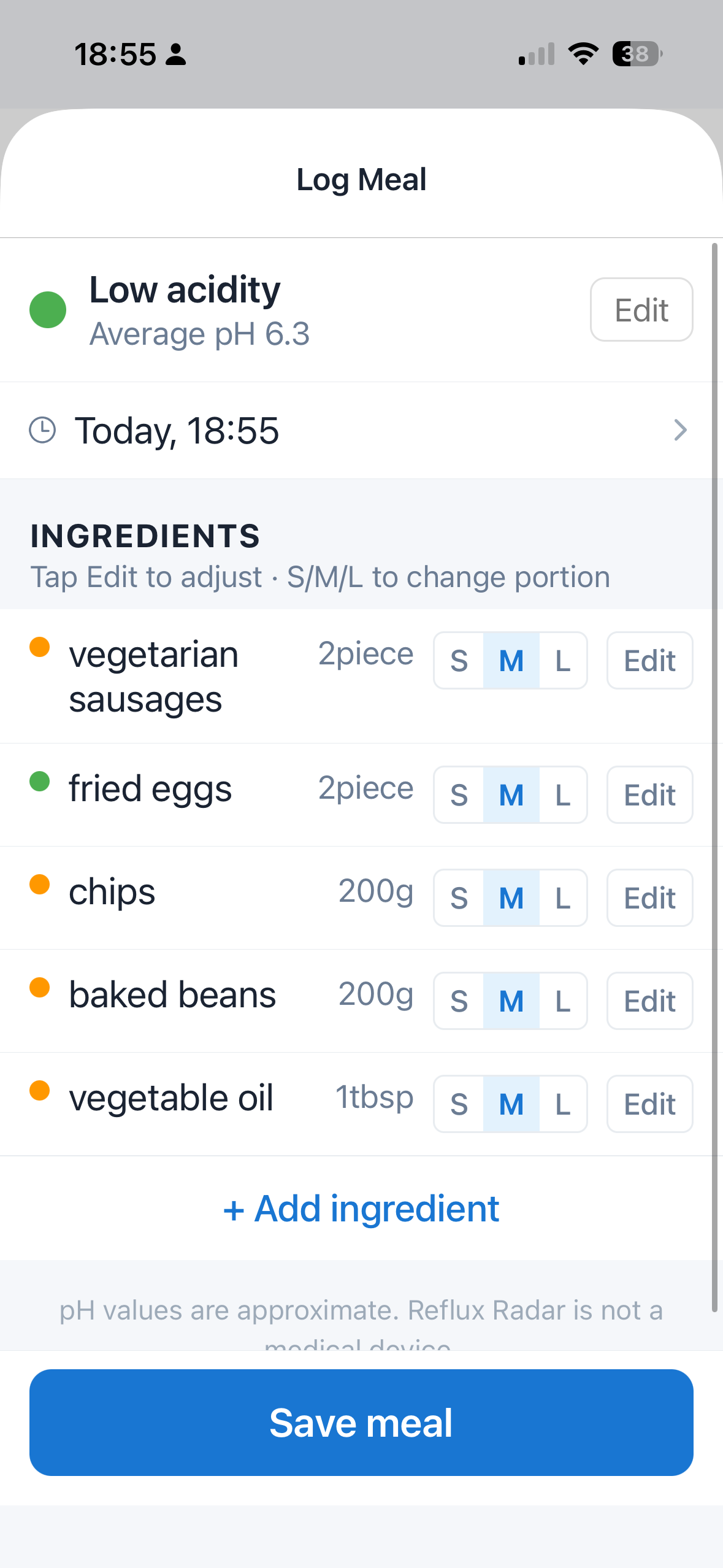 Reflux Radar app — meal log with AI ingredient parsing and pH colour-coding